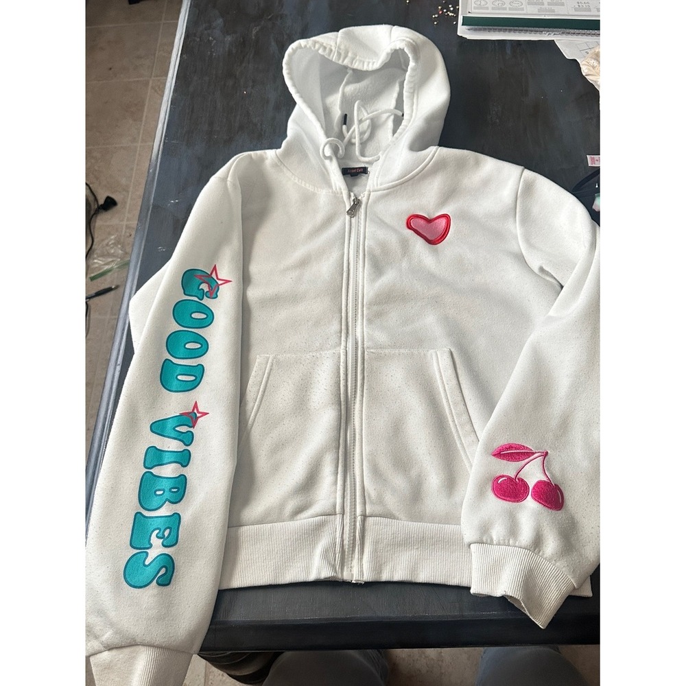Kids White Zip-Up Hoodie with Teal "Good Vibes" Sleeve and Pink Accent Patches